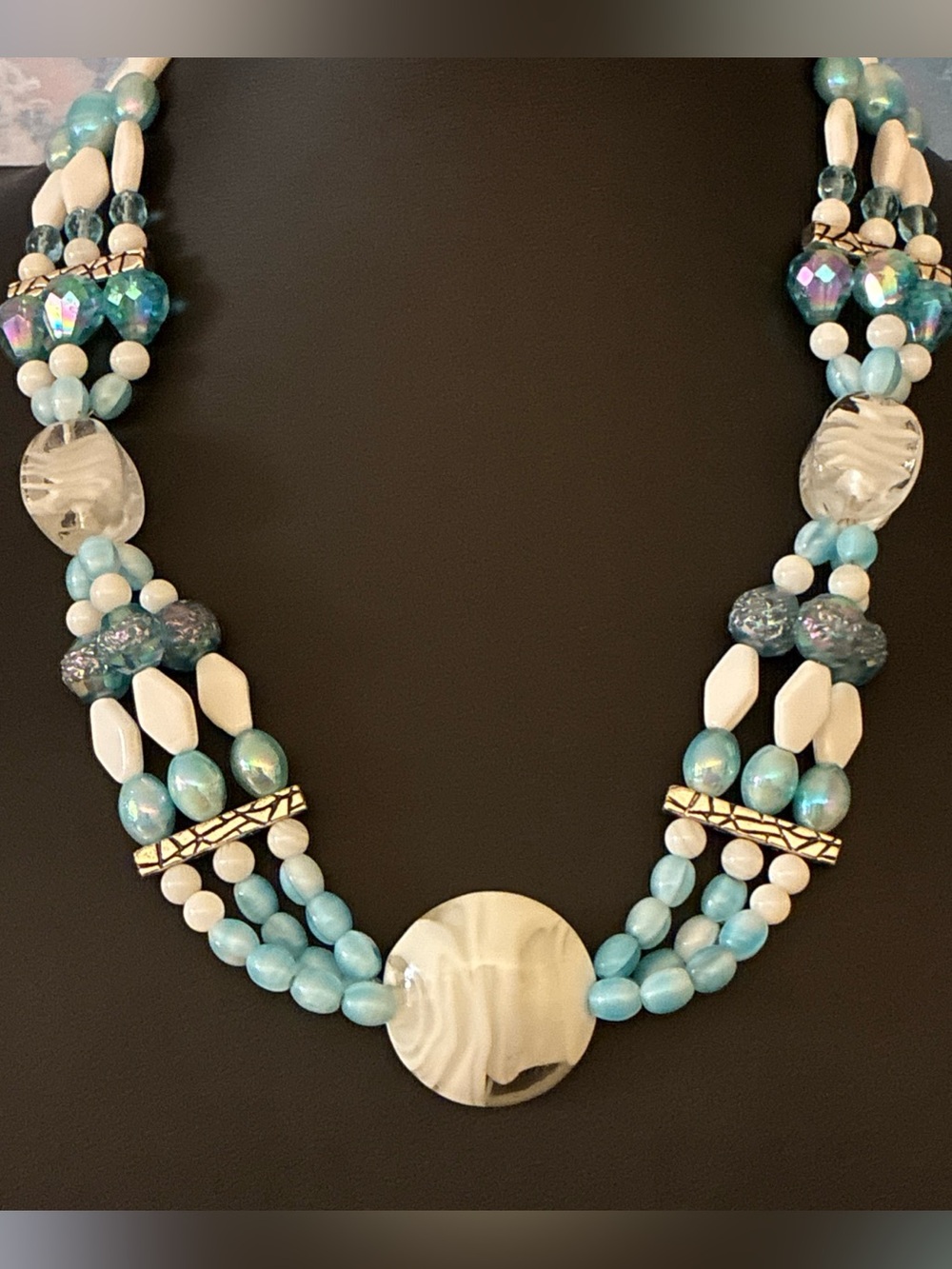 Artisan made aqua and white multi strand glass beaded necklace